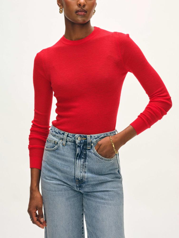 White + Warren - Superfine Cashmere Blend Waffle Crewneck in Red Ember
