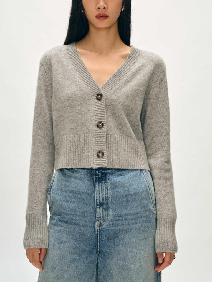 White + Warren - Cashmere Cropped Button Down Cardigan in Grey Heather