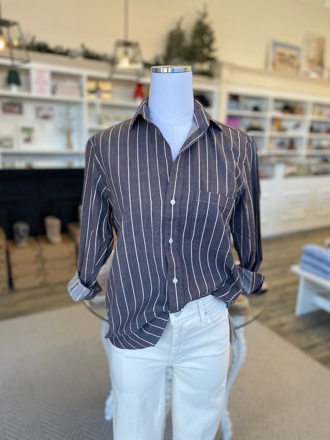 Frank & Eileen - Joedy Boyfriend Button Up Shirt in Heather Brown Stripe