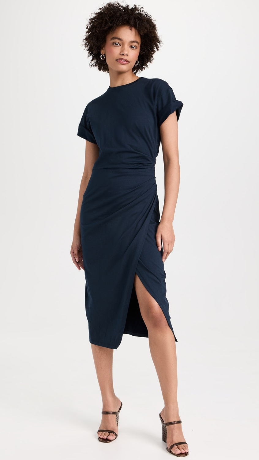 Frame - Faux Wrap Midi Dress in Navy Blond Genius Frame - Faux Wrap Midi Dress in Navy Blond Genius