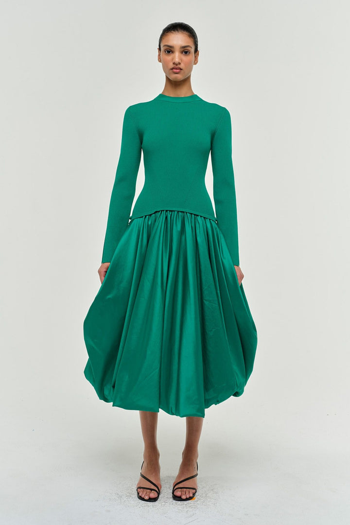 SIMKHAI - Kenlie Long Sleeve Mock Neck Midi Dress in Kelly Green