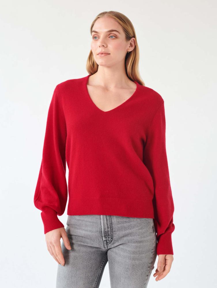 White + Warren - Cashmere Blouson Sleeve V Neck in True Red