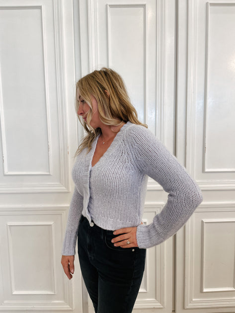 White + Warren - Lofty Cashmere Silk V Neck Cardigan in Light Blue Marl