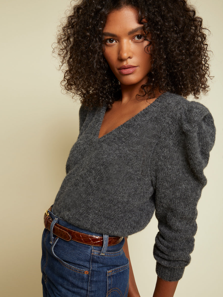 Nation LTD Lara Puff Shoulder V Neck in Charcoal Blond Genius