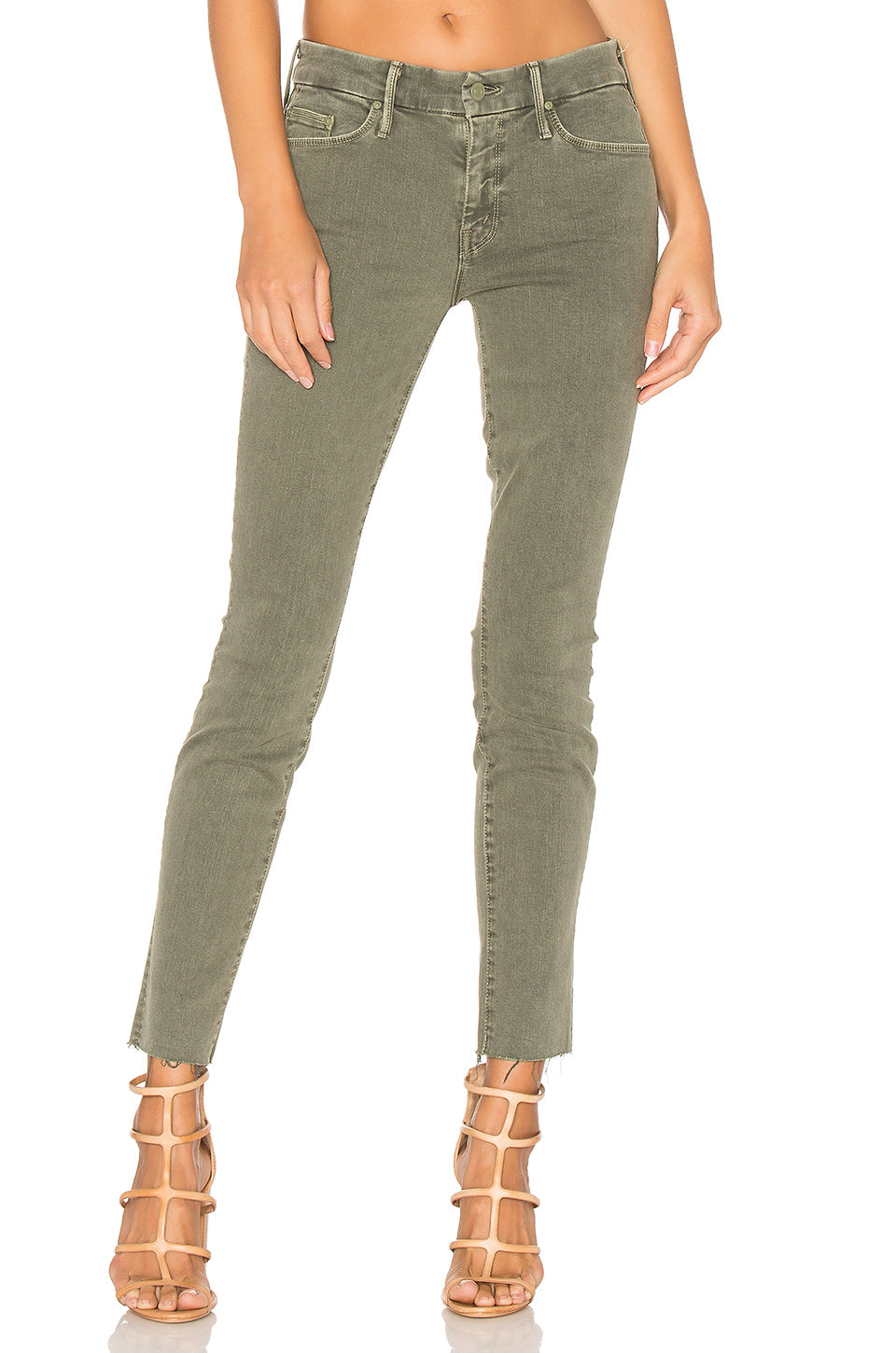 MOTHER High Waist Looker Ankle Fray Denim Jeans in Army Green
