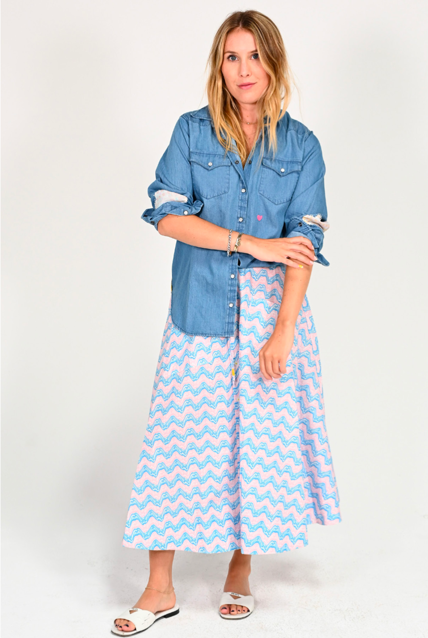 Kerri Rosenthal - Mia Shirt Chambray Checkered Clouds in Light Wash