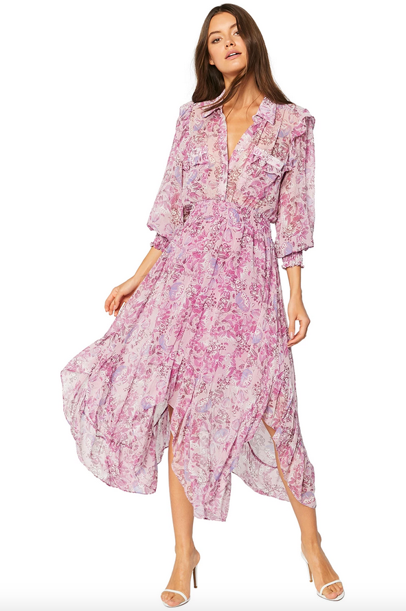 fitted lace wedding dress Misa Los Angeles Camila Smocked Puff-Sleeve Tiered Mini Dress, Flora Tropical Mix, Women's, S, Balloon Puff Sleeve Dresses main image 1