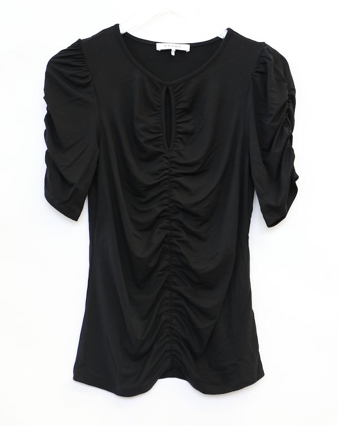 Frame - Shirred Keyhole Knit Top in Noir