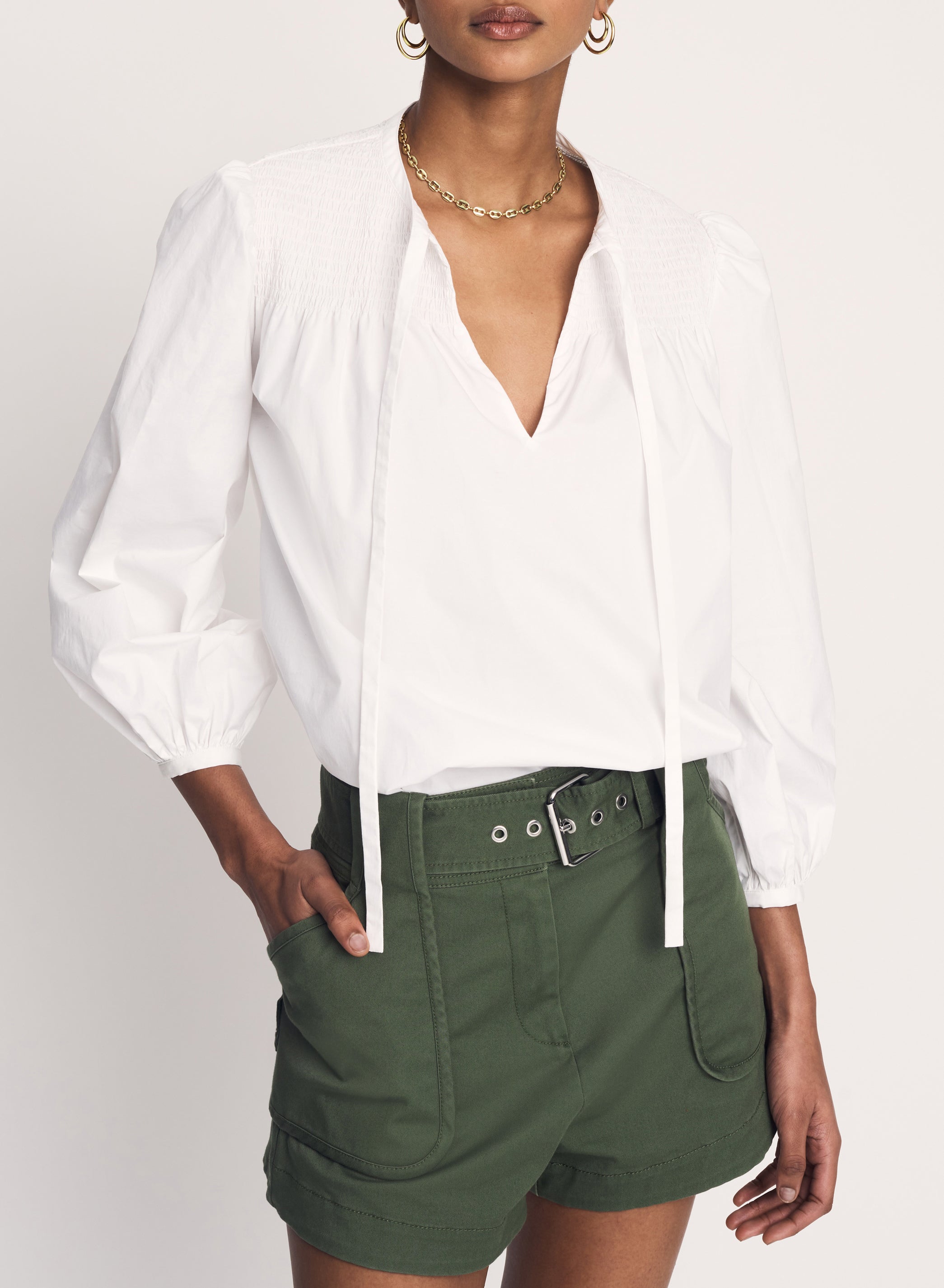 Derek Lam 10 Crosby - Austin Smocked Top Blouse in Optic White