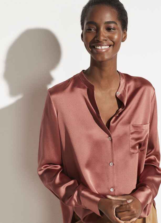Vince Slim Fitted Band Collar Blouse in Rosewood
