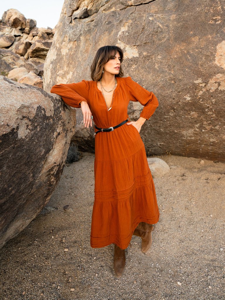long sleeve burnt orange maxi dress Xirena