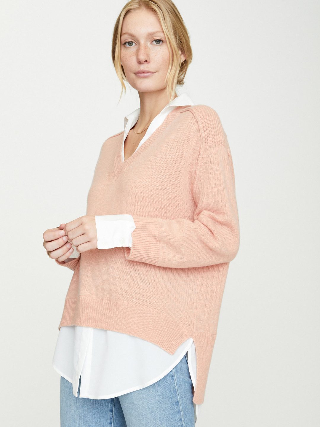 Brochu Walker V-Neck Layered Pullover in Petra Coral w/ White