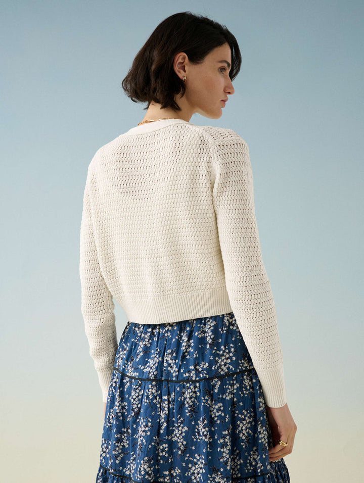 White + Warren - Mercerized Cotton Mesh Cardigan in White