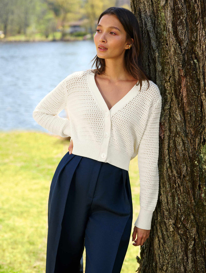 White + Warren - Mercerized Cotton Mesh Cardigan in White