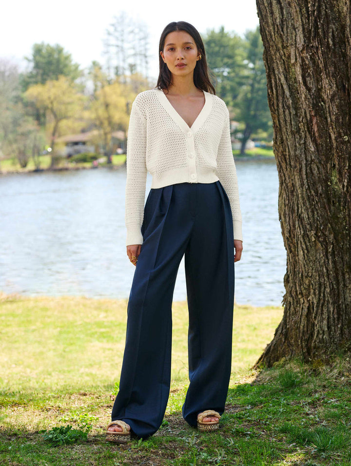 White + Warren - Mercerized Cotton Mesh Cardigan in White