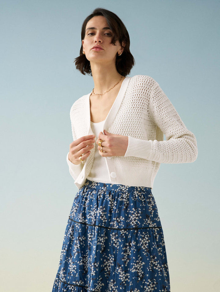White + Warren - Mercerized Cotton Mesh Cardigan in White