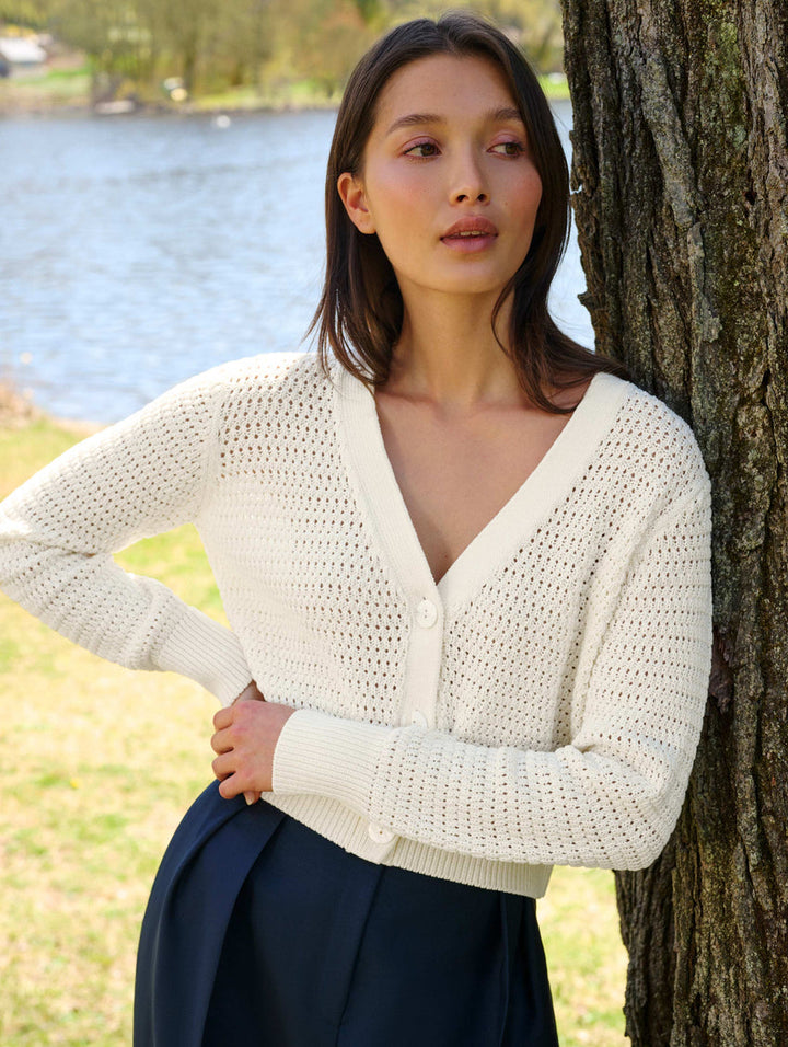 White + Warren - Mercerized Cotton Mesh Cardigan in White