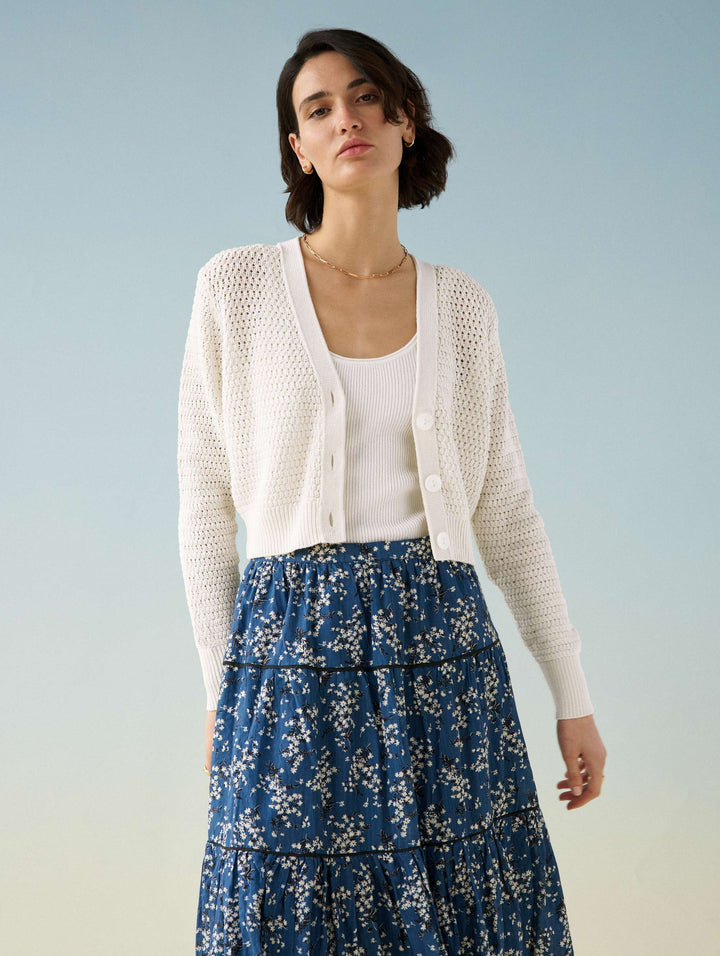 White + Warren - Mercerized Cotton Mesh Cardigan in White