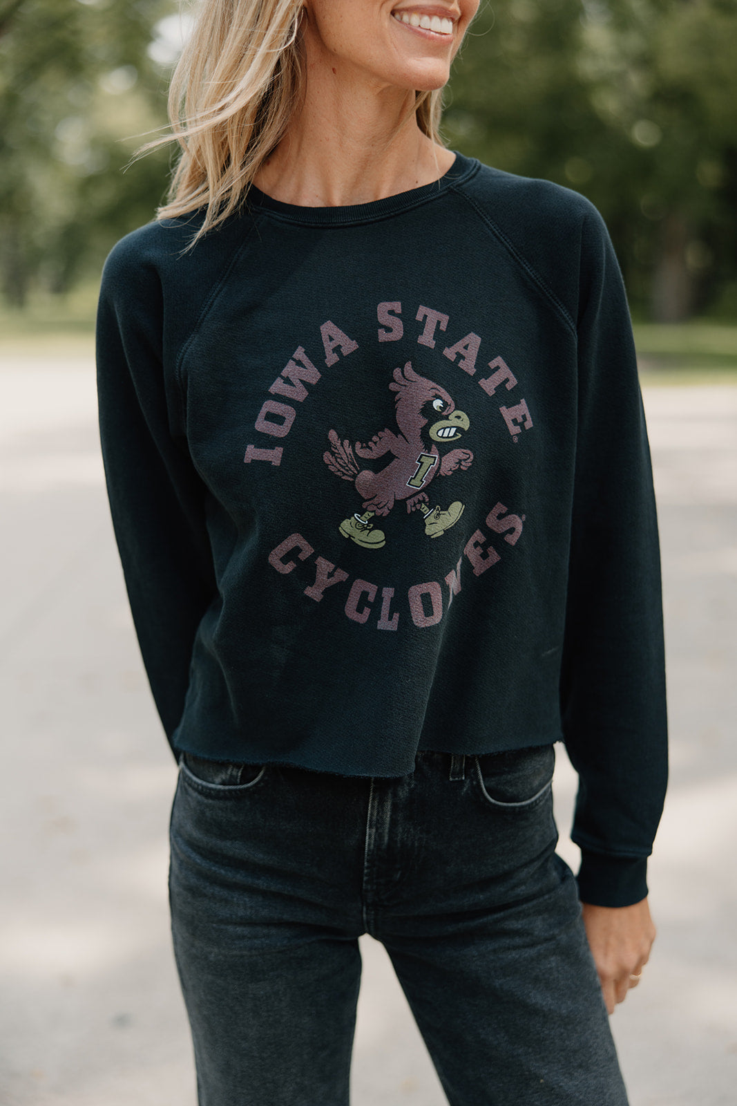 Retro x Blond Genius ISU Iowa State Cyclones Vintage French Terry Cut Hem Sweatshirt in Washed Black