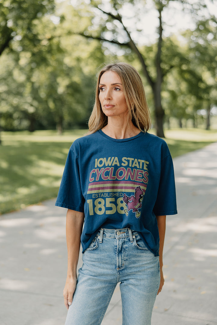 Retro x Blond Genius - ISU Iowa State Cyclones Drop Shoulder Tee in Midnight Navy