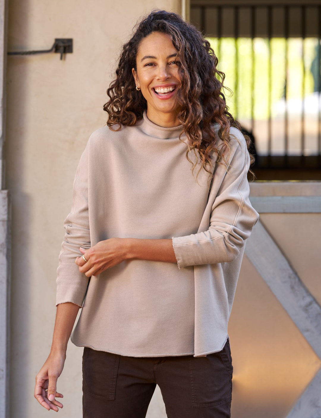 Frank & Eileen - Effie Long Sleeve Funnel Neck Capelet in Biscotti 