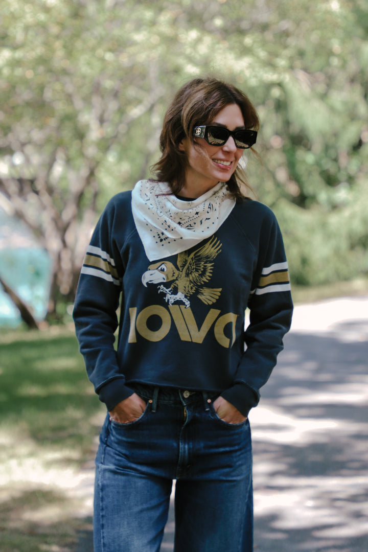 Iowa Hawkeyes Cut Hem Sweatshirt Stripes Sleeve (BL932-BLIWA2198A) Vintage Black
