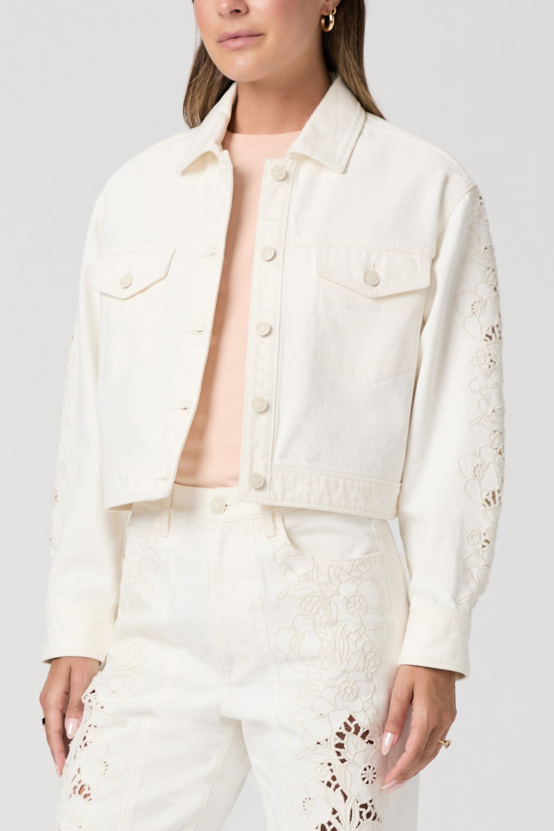 Michele Jacket W/ Embroidered Panels - Tonal Ecru Embroidered