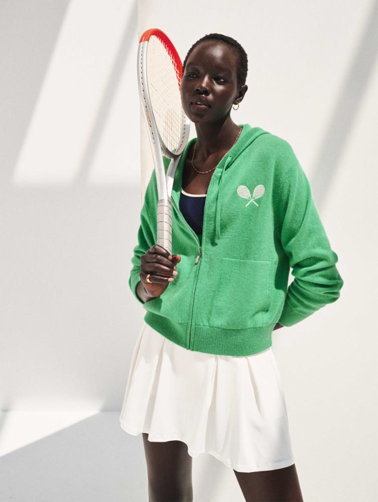 White + Warren - Cashmere Racket Cropped Zip Hoodie in Retro Green