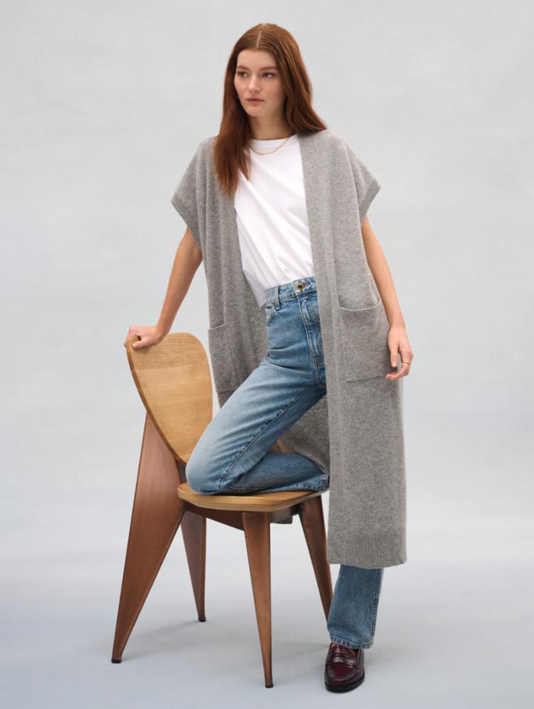 White +Warren - Cashmere Long Open Cardigan in Grey Heather