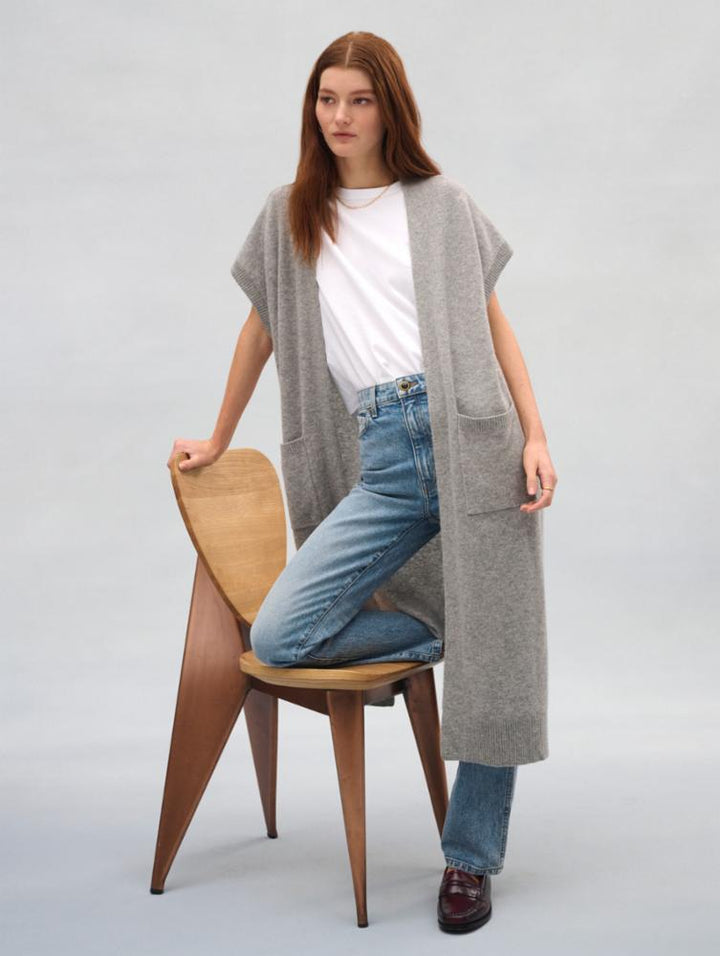 White +Warren - Cashmere Long Open Cardigan in Grey Heather