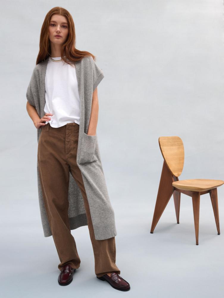 White +Warren - Cashmere Long Open Cardigan in Grey Heather