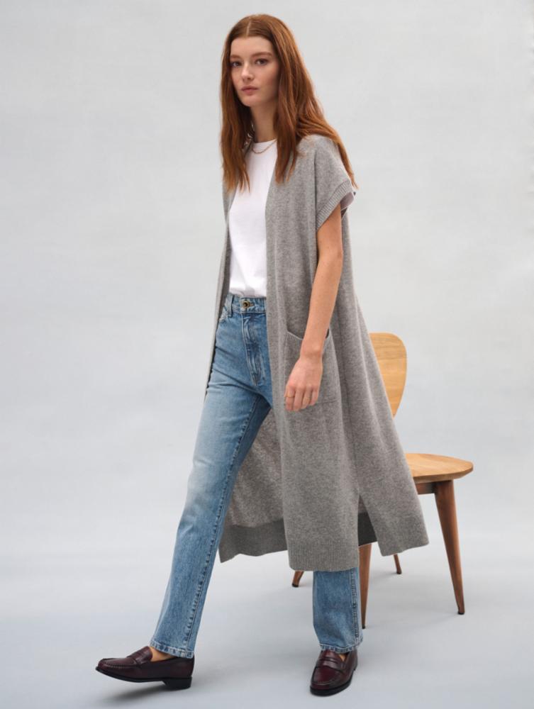 White +Warren - Cashmere Long Open Cardigan in Grey Heather
