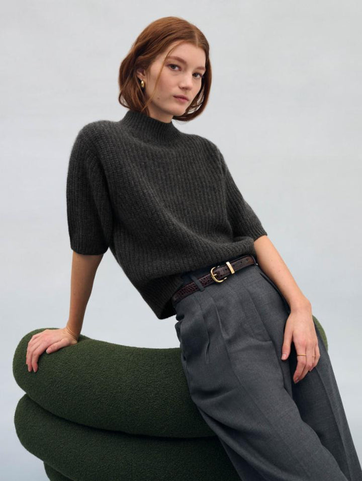 White + Warren - Cashmere Ribbed Mockneck in Charcoal Heather