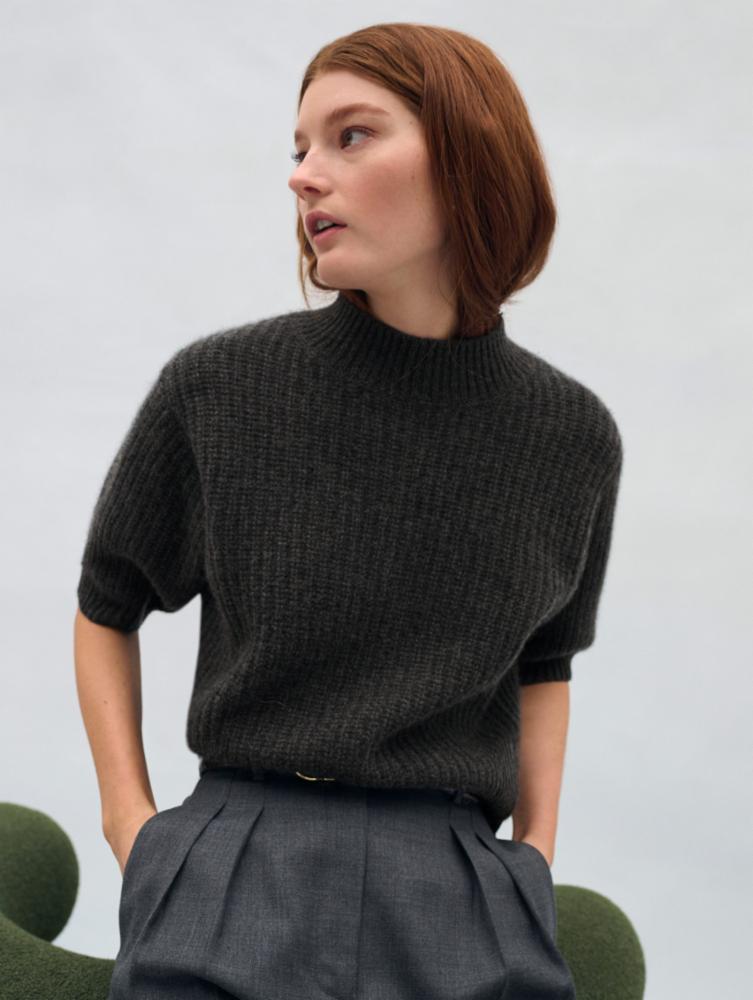 White + Warren - Cashmere Ribbed Mockneck in Charcoal Heather