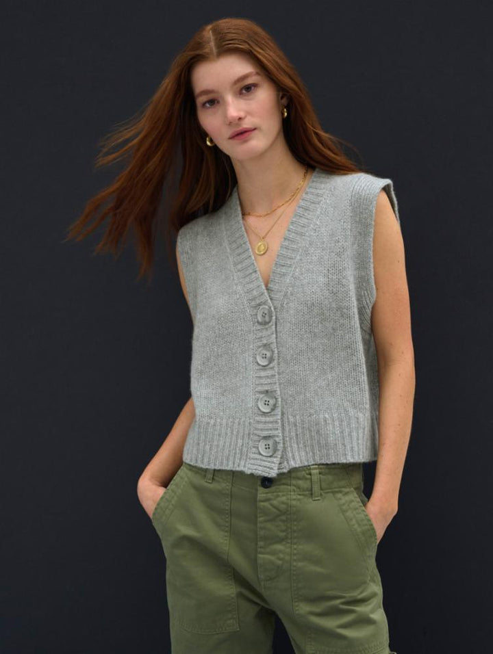 White + Warren - Cashmere Plush Button Vest in Grey Heather