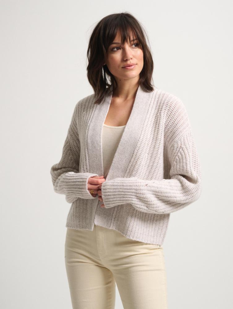 W+W- Cashmere Air Plush Ribbed Open Cardigan in White Marl