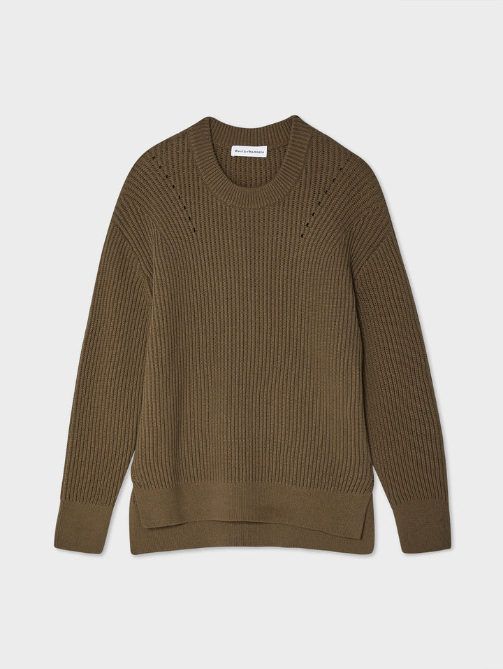 White + Warren - Core Spun Cotton Ribbed Crewneck in Deep Olive