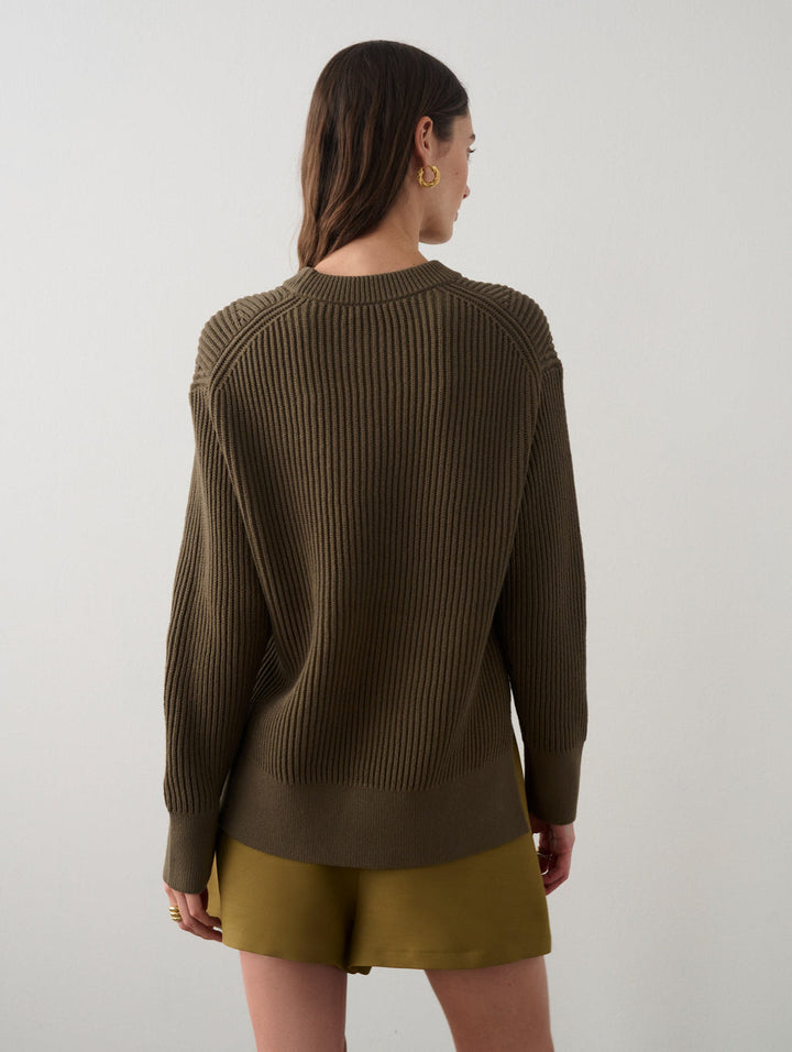 White + Warren - Core Spun Cotton Ribbed Crewneck in Deep Olive