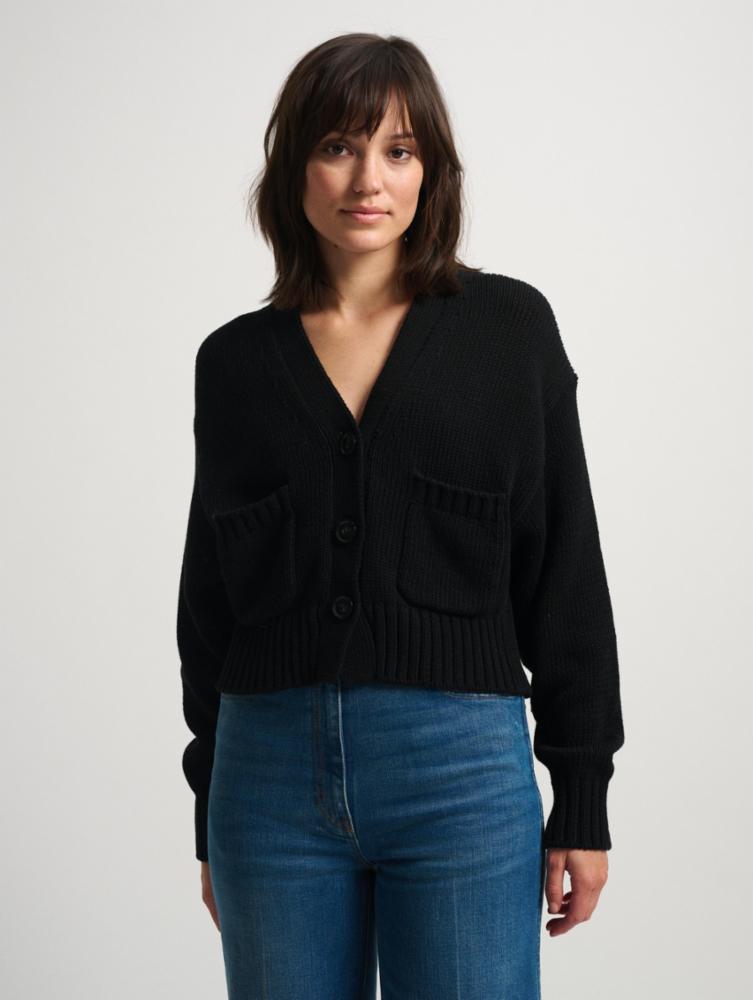 White +Warren - Core Spun Cotton Patch Pocket Cropped Cardigan in Black