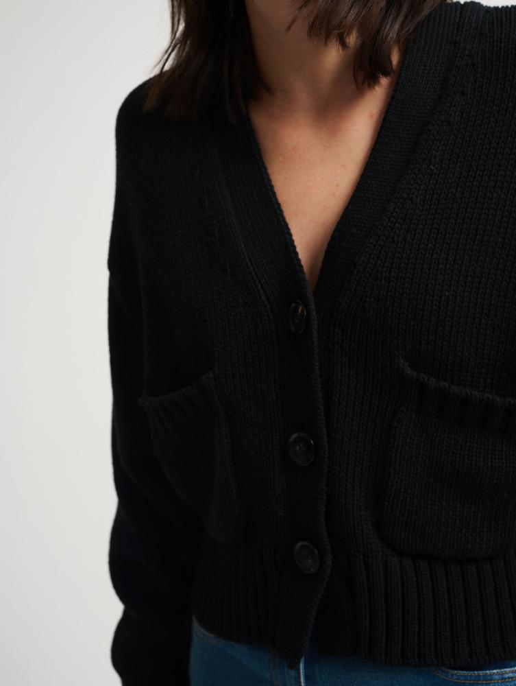 White +Warren - Core Spun Cotton Patch Pocket Cropped Cardigan in Black