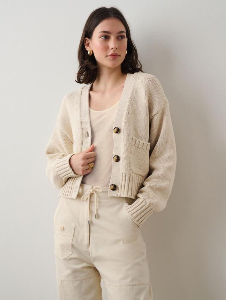 White +Warren - Core Spun Cotton Patch Pocket Cropped Cardigan in Natural
