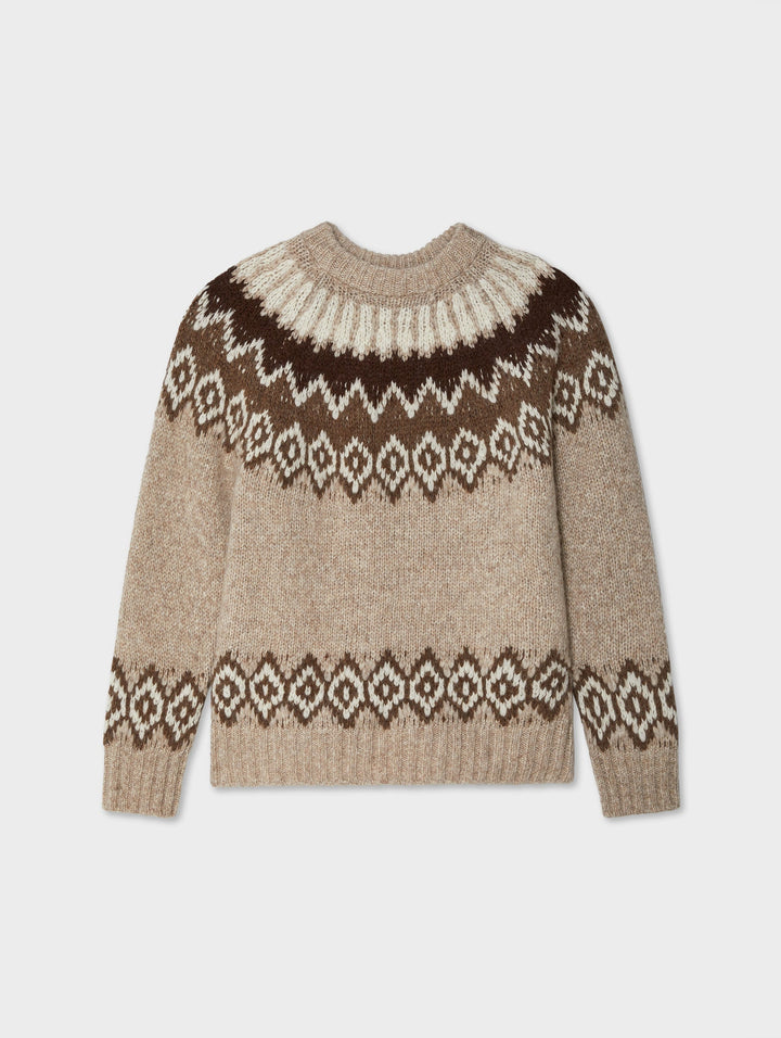 White + Warren - Plush Alpaca Blend Faire Isle Crewneck in Brown Combo