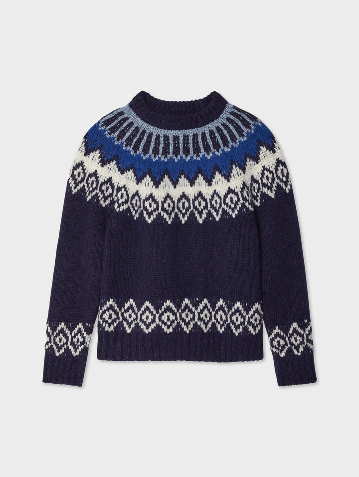 White + Warren - Plush Alpaca Blend Faire Isle Crewneck in Dark Blue Combo