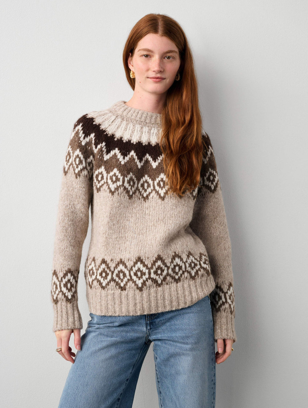 White + Warren - Plush Alpaca Blend Faire Isle Crewneck in Brown Combo