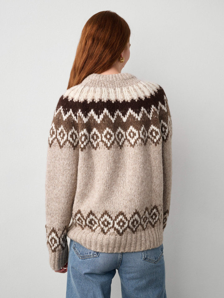 White + Warren - Plush Alpaca Blend Faire Isle Crewneck in Brown Combo