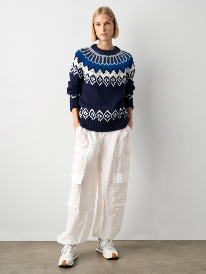 White + Warren - Plush Alpaca Blend Faire Isle Crewneck in Dark Blue Combo