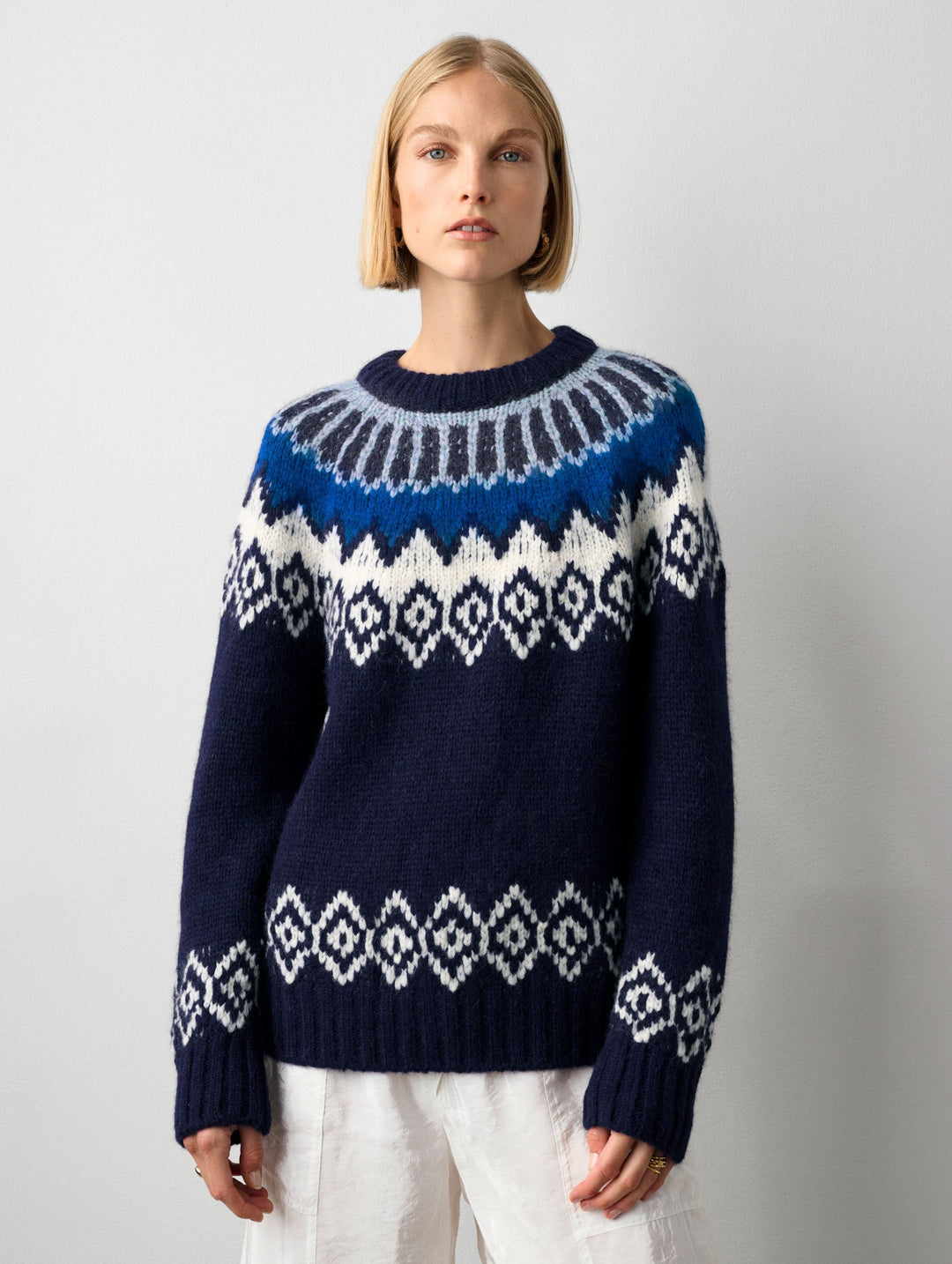 White + Warren - Plush Alpaca Blend Faire Isle Crewneck in Dark Blue Combo