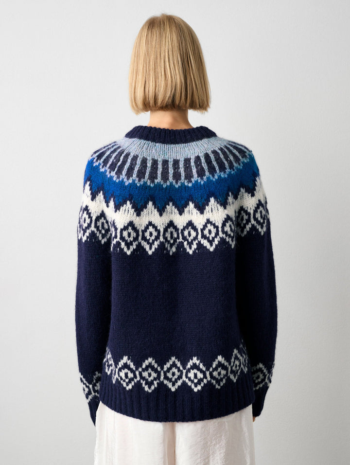 White + Warren - Plush Alpaca Blend Faire Isle Crewneck in Dark Blue Combo