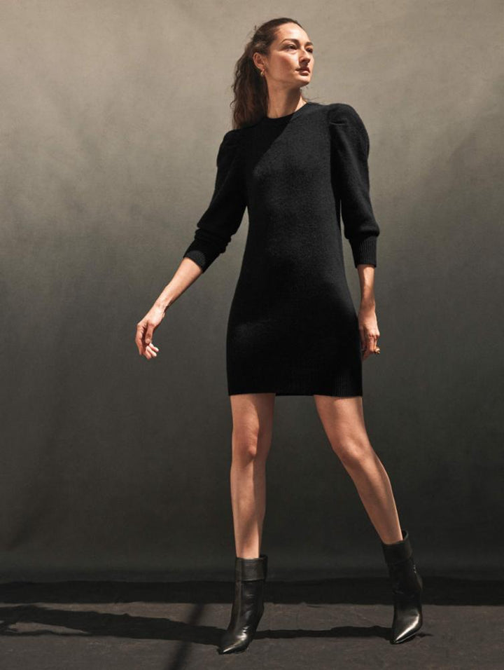 White &  Warren - Cashmere Blend Puff Sleeve Dress in Black