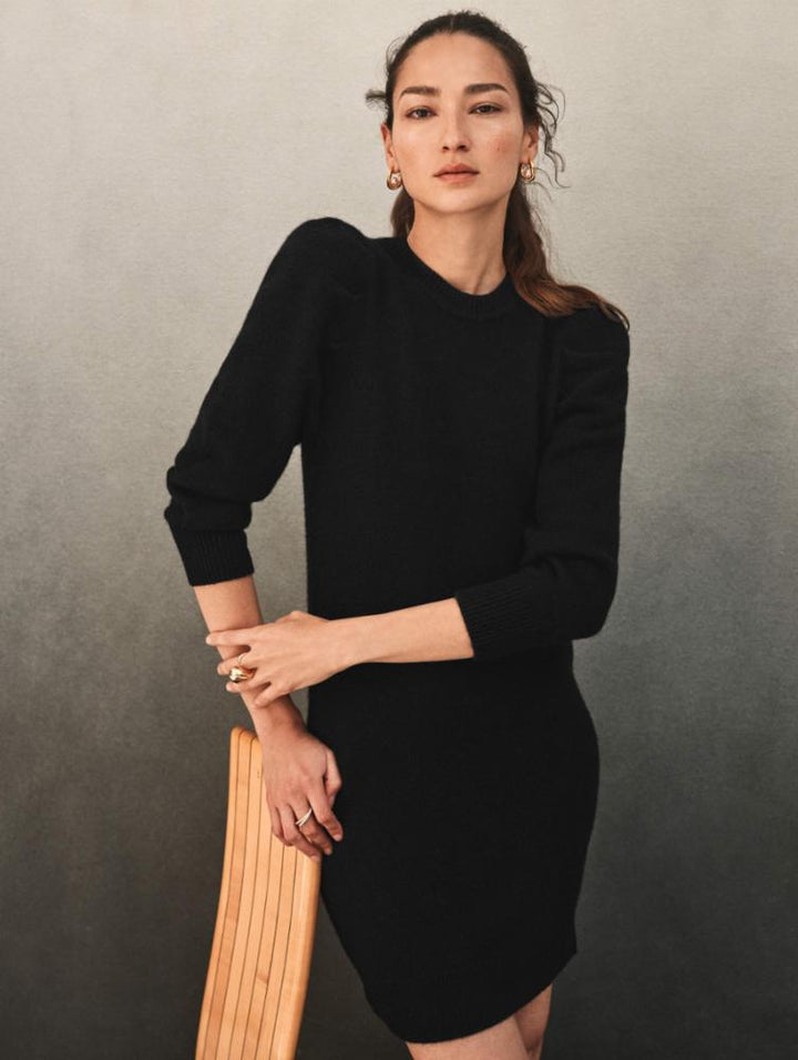 White &  Warren - Cashmere Blend Puff Sleeve Dress in Black